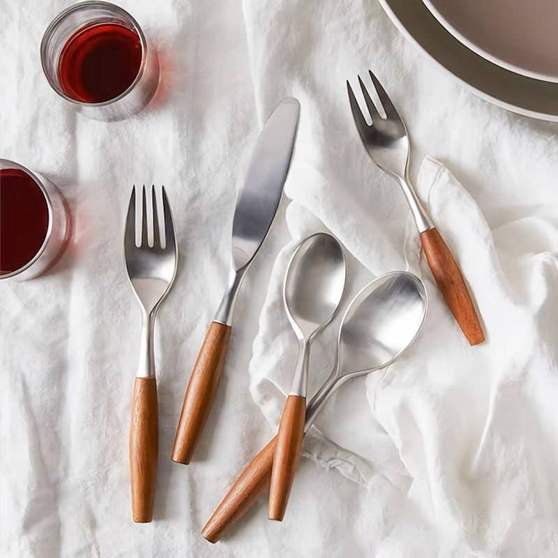 5-Piece Wooden Handle Cutlery Set | Stainless Steel & Natural Wood Flatware