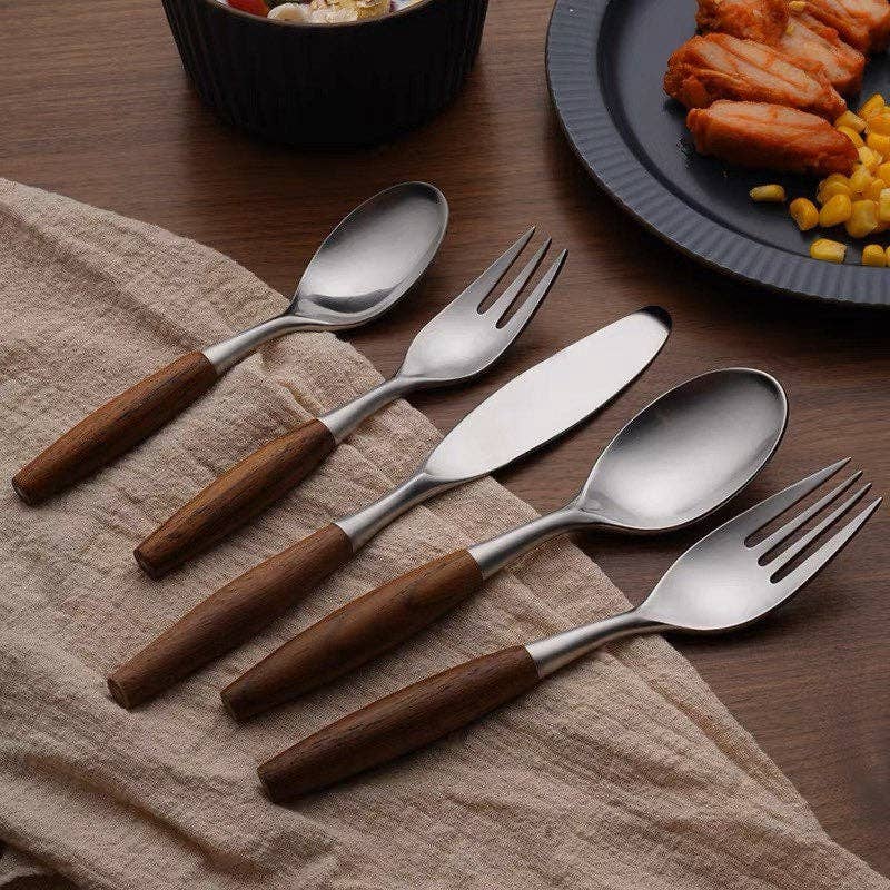 5-Piece Wooden Handle Cutlery Set | Stainless Steel & Natural Wood Flatware