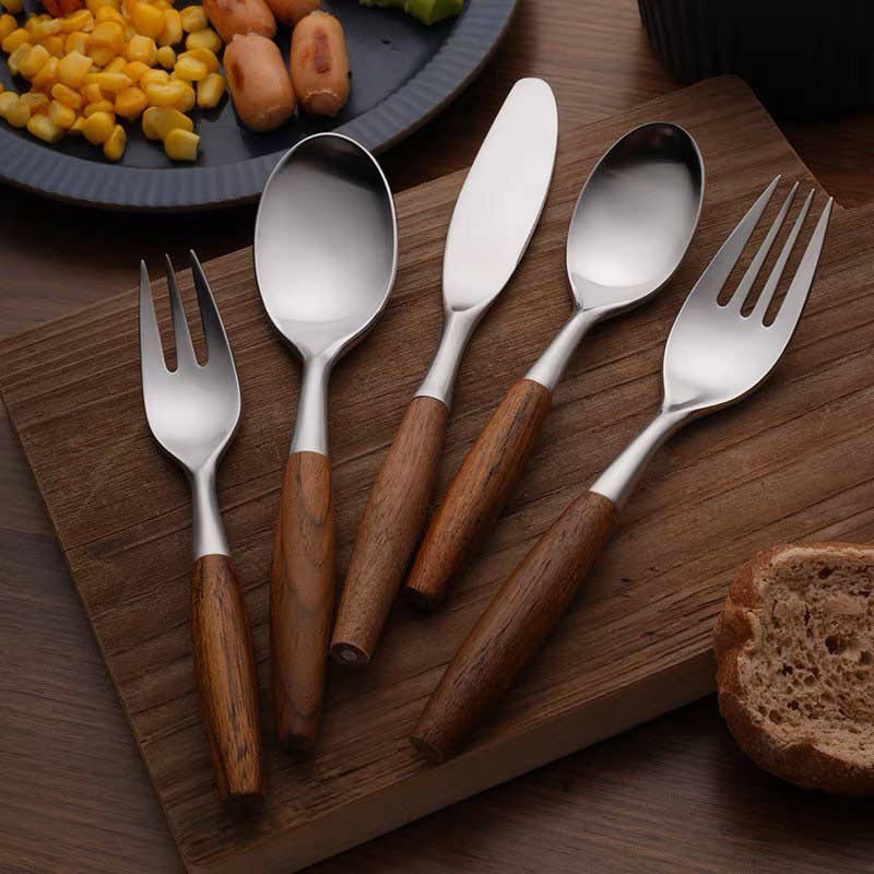 5-Piece Wooden Handle Cutlery Set | Stainless Steel & Natural Wood Flatware