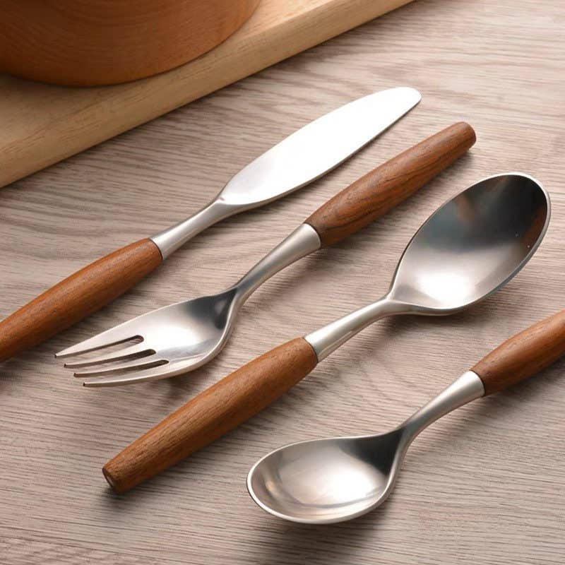 5-Piece Wooden Handle Cutlery Set | Stainless Steel & Natural Wood Flatware