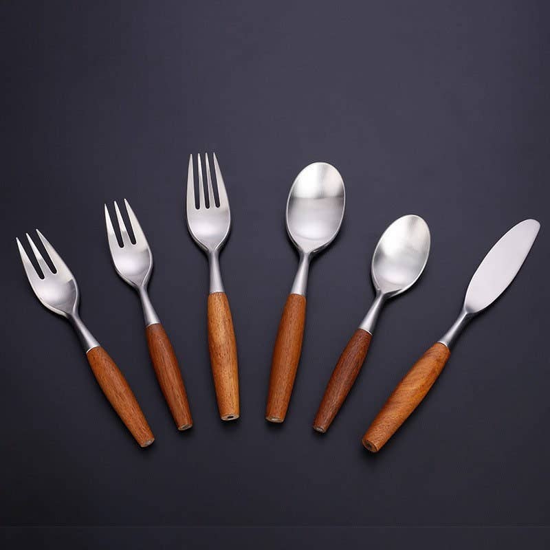 5-Piece Wooden Handle Cutlery Set | Stainless Steel & Natural Wood Flatware