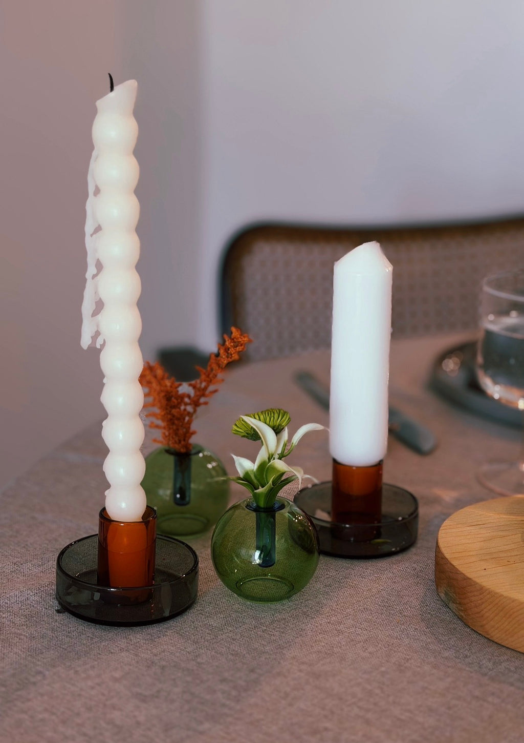 Bundle of 2 Duo Tone Glass Candle Holders + 2 Mini Bubble Glass Vases
