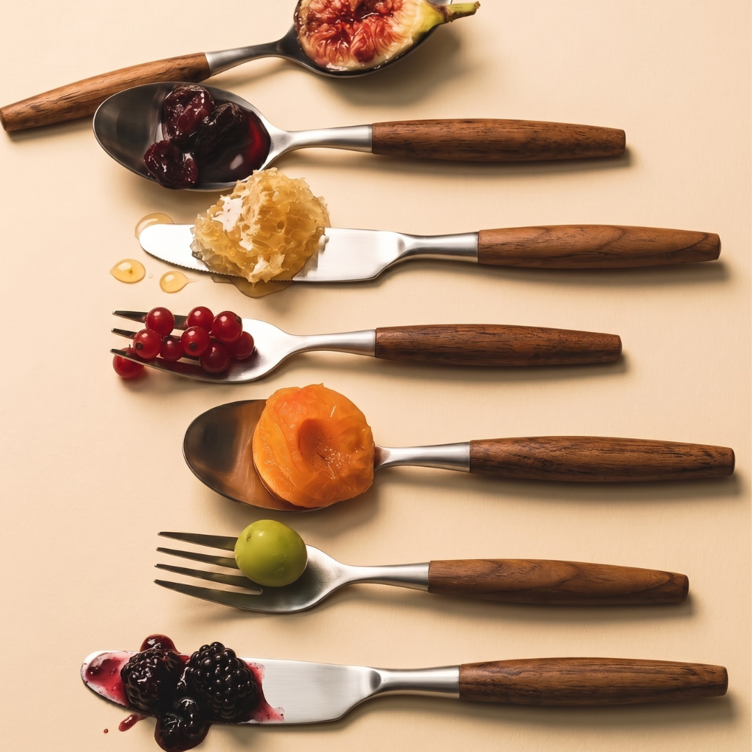 Set of 5-Piece Wooden Handle Cutlery Set | Stainless Steel & Natural Wood Flatware