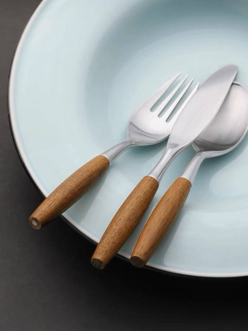 5-Piece Wooden Handle Cutlery Set | Stainless Steel & Natural Wood Flatware