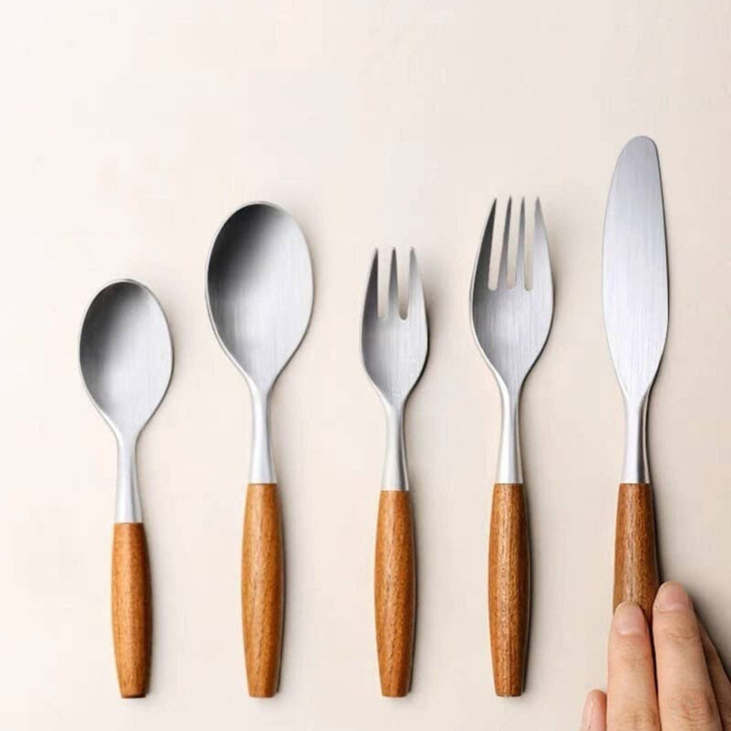 5-Piece Wooden Handle Cutlery Set | Stainless Steel & Natural Wood Flatware