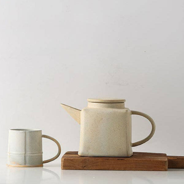 Gohobi Modern Design White Ceramic Teapot | Minimalist Square Shaped Tea Kettle