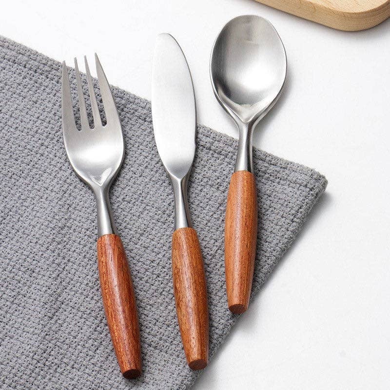 5-Piece Wooden Handle Cutlery Set | Stainless Steel & Natural Wood Flatware
