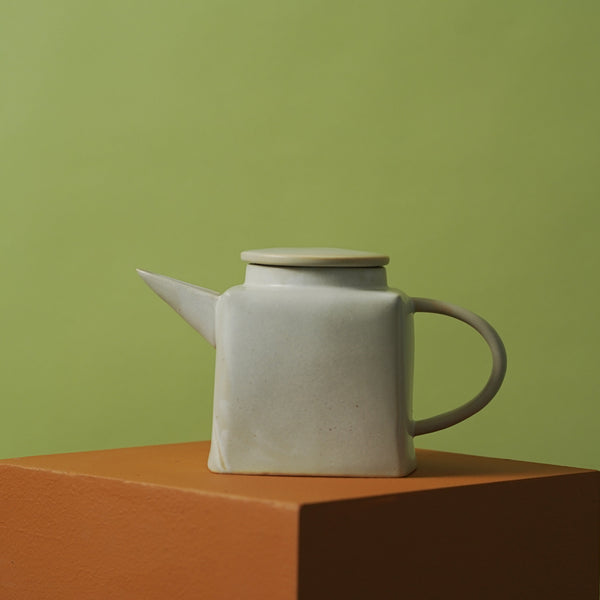 Gohobi Modern Design White Ceramic Teapot | Minimalist Square Shaped Tea Kettle